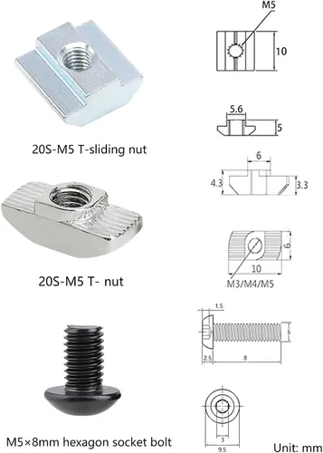 Vista 3 de Kit de 240 tornillos de tuercas en T M5 para extrusión de aluminio de la serie 2020, kit de tuercas de tornillo de ranura de 0.236 in, 120 tornillos