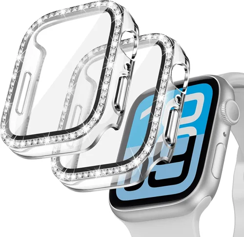 Vista 9 de Goton - Pack de 2 Fundas Bling para Apple Watch con Protector de Pantalla 40mm SE 3/2/1, Series 6/5/4, Funda con Purpurina para Mujer con Diamantes