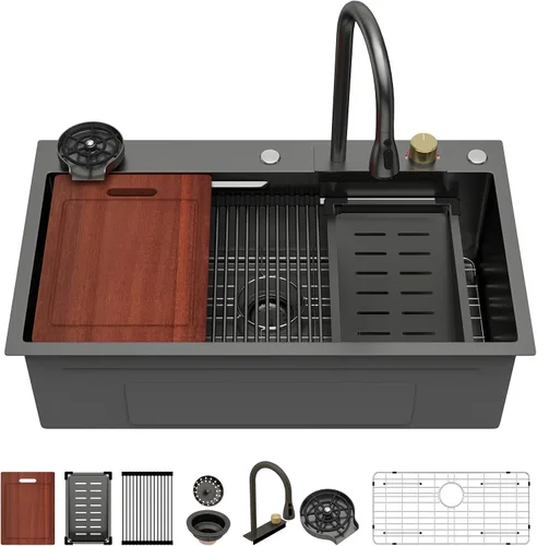 Vista 43 de Sarlai - Fregadero de cocina de cascada de 31 pulgadas, de montaje superior - 31x20 Fregadero de cocina con borde y estación de trabajo, de acero