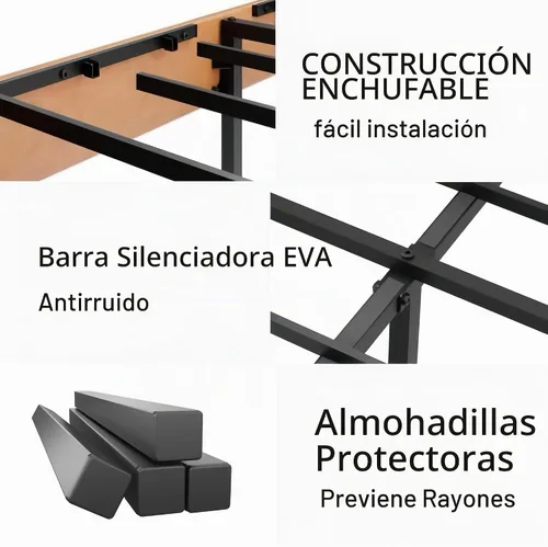 Vista 4 de Estructura de cama con plataforma tapizada de tamaño completo con cabecera acolchada de piel sintética, soporte de listones de metal resistente,