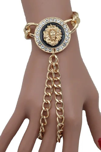 Vista 3 de Pulsera de cadena de mano para mujer, diseño de león, anillos de esclavo, metal dorado, Metal