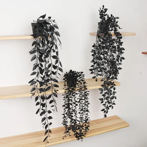 Vista 4 de Plantas colgantes artificiales negras en maceta, paquete de 3 plantas falsas para pared, hogar, habitación, oficina, decoración de interiores