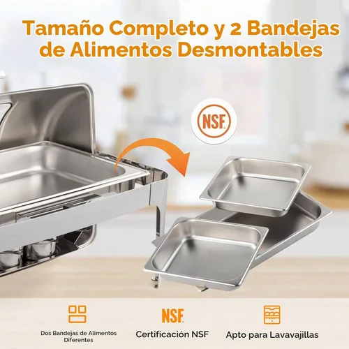 Vista 6 de ROVSUN Juego de bufé de acero inoxidable de 9 cuartos de galón con calefacción eléctrica y de combustible, servidor de catering con tapa enrollable