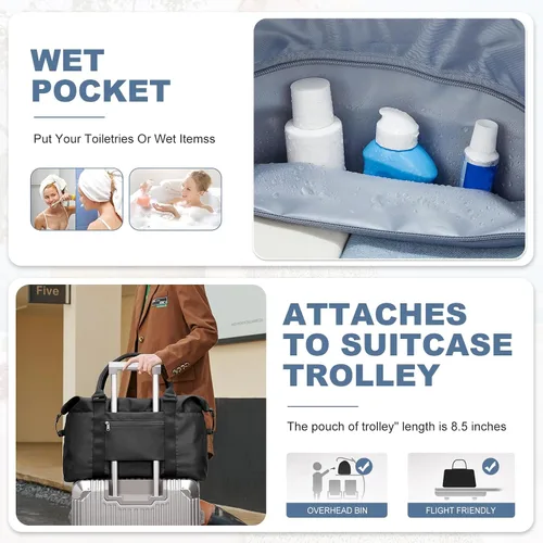 Vista 5 de Bolsas de lona de viaje, bolsa de fin de semana para mujer con bolsillo húmedo y bolsa de aseo personal, bolsa de viaje para gimnasio, Negro