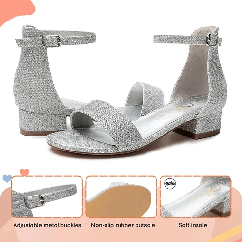 Vista 5 de Athlefit Sandalias para niñas, puntera abierta, correa en el tobillo, tacones bajos, zapatos de vestir para niñas pequeñas y grandes