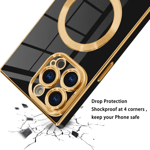 Vista 4 de OOK Funda magnética para iPhone 15 Pro Max [compatible con Magsafe] Protección completa de la cámara, borde chapado en oro, TPU suave, antiarañazos