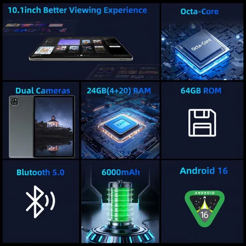 Vista 2 de TUOHAITIME Tablet Android 16, tabletas de 10 pulgadas, CPU Octa Core, Negro