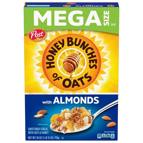 Vista 17 de Cereal Honey Bunches of Oats Honey Roasted. Racimos de avena y granola, taza de cereales individual, desayuno sobre la marcha