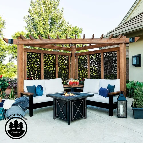 Vista 2 de Pérgola de cabana de Backyard Discovery en estilo Toscana con paneles de privacidad de guijarro y asientos para charlar en pómez