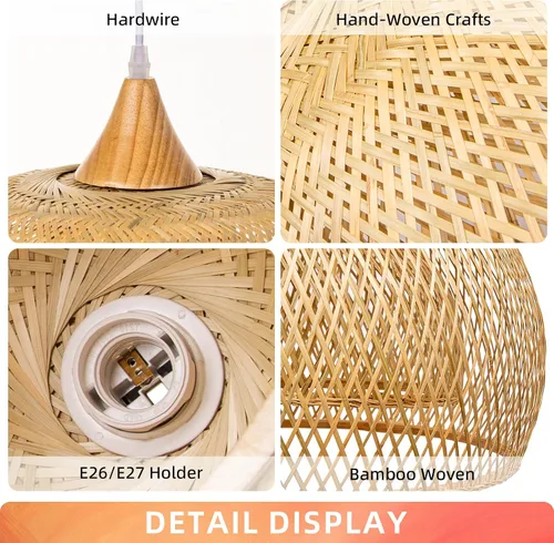 Vista 7 de Arturesthome Lámpara colgante de bambú para isla de cocina, lámpara de araña de mimbre de 17.6 pulgadas, pantalla de techo colgante tejida a mano