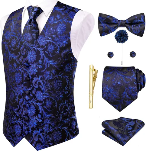 Vista 25 de Hi-Tie Chaleco de traje de seda para hombre, corbata y corbatín de solapa, clip de corbata dorado, chaleco floral de cachemira, 8 piezas, conjunto