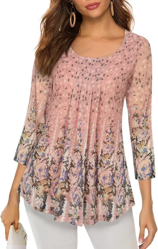 Vista 2 de VALOLIA Blusa de manga 34 para mujer, estilo casual, holgada, floral, de malla, plisada, en capas
