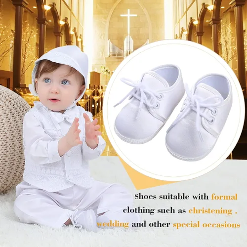 Vista 5 de Booulfi Botines de bebé para recién nacidos para bautizo, vestido blanco con cruz de bautismo