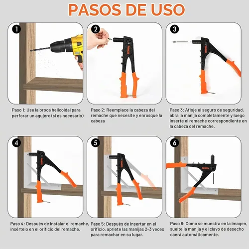 Vista 4 de Pistola de remache, kit profesional de remache con 200 remaches, 3/32"-1/8"-5/32"-3/16", kit de remachador de mano pesado adecuado para trabajos