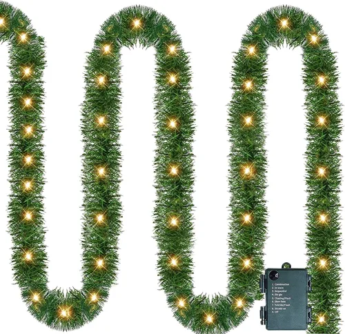 Vista 8 de Nerosun Guirnalda de Navidad artificial de 14.8 pies, 50 mini luces LED preiluminadas, funciona con pilas, guirnalda de Navidad para el hogar
