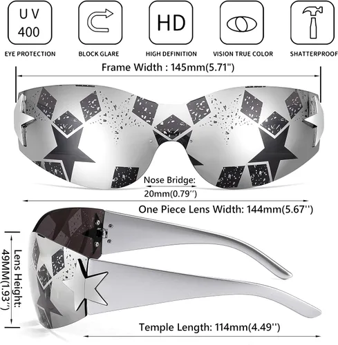 Vista 4 de FEISEDY Y2K - Lentes de sol para mujeres y hombres, de los años 2000, sin marco, sin marco, con estrellas, B9090