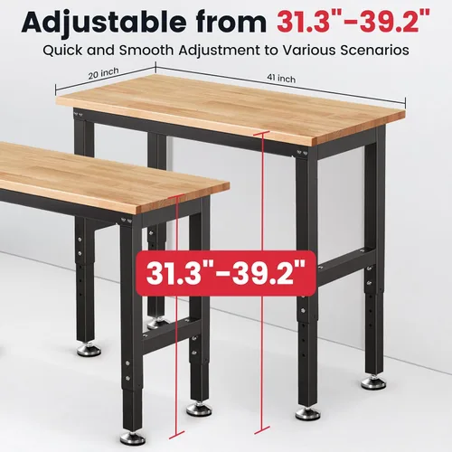 Vista 5 de ENJOYWOOD Banco de trabajo resistente de 41 pulgadas, banco de trabajo de altura ajustable con parte superior de madera de caucho maciza, mesa