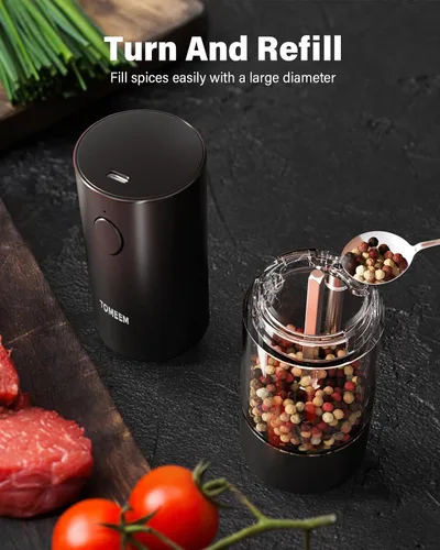 Vista 5 de TOMEEM Juego de molinillo eléctrico de sal y pimienta de mayor capacidad, recargable con luces LED, molinillo automático de pimienta y sal de acero