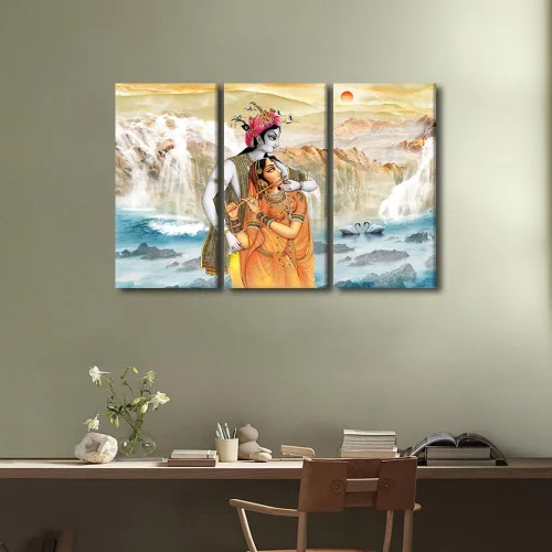 Vista 2 de Lienzo decorativo para pared para el hogar, arte moderno de dios indios, arte de pared, cascada montañas, arte de pared, arte de pared de 3 paneles
