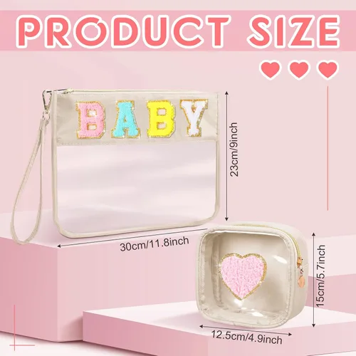 Vista 2 de Hillban Juego de 2 bolsas de bebé de chenilla, bolsas de letras de chenilla, bolsa de maquillaje, bolsa de viaje para bebé, impermeable, portátil