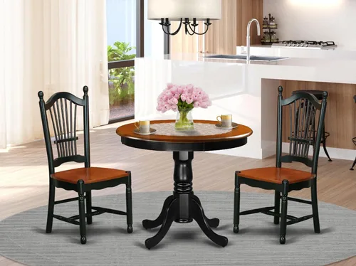 Vista 2 de East West Furniture ANDO3-BCH-W Juego de mesa de comedor de 3 piezas contiene una mesa redonda de madera con pedestal y 2 sillas de comedor