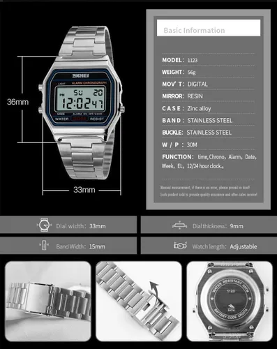 Vista 3 de Reloj digital para hombre, banda de acero inoxidable, resistente al agua, electrónico, cuadrado, LED, luz trasera, reloj de pulsera