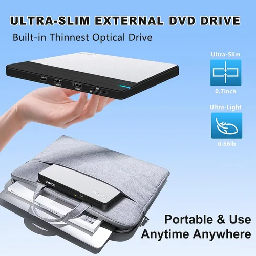 Vista 5 de Unidad externa de CD/DVD para portátil: Graba DVDs y CDs para respaldo de datos de archivos, compatible con M-Discs - Plug & Play para Mac Windows