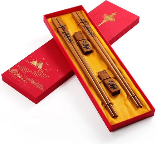 Vista 10 de Palillos reutilizables de estilo chino, palillos de dragón y fénix con soporte y bolsa de transporte, juego de palillos de madera natural (2 pares)