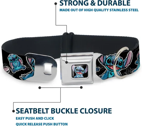 Vista 4 de Buckle-Down Collar de perro con hebilla de cinturón de seguridad, posturas de puntada/hibisco boceto negro/gris/azul, 1 pulgada de ancho, se adapta