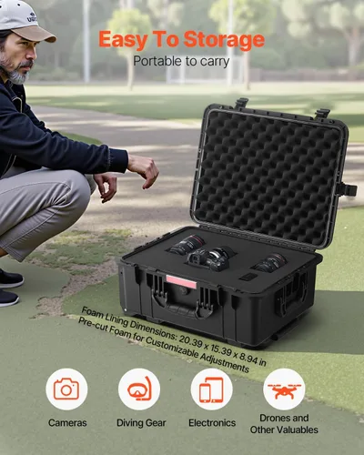 Vista 3 de VEVOR Estuche rígido resistente al agua, caja protectora seca de alta resistencia con espuma precortada, ruedas y asas retráctiles para viajes
