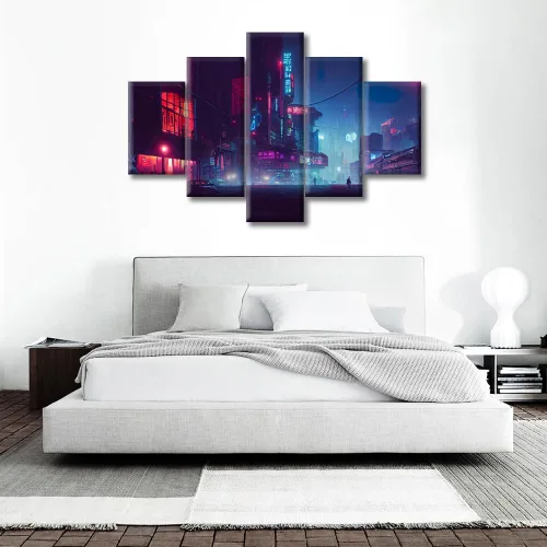 Vista 136 de Cuadros de 5 paneles de Cyberpunk City, arte de pared, representación de vallas publicitarias, edificios modernos en la capital con obras de arte