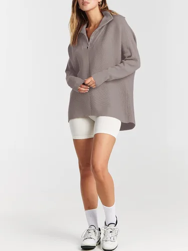 Vista 5 de ANRABESS Suéteres de gran tamaño con media cremallera para mujer, cuello en V, manga larga de murciélago, casual, holgado, de punto alto y bajo