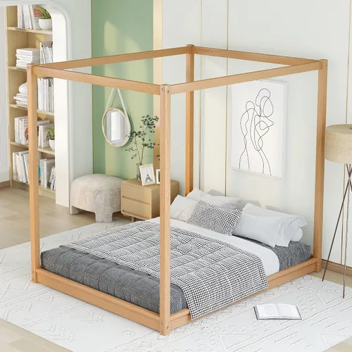 Vista 4 de Harper & Bright Designs Cama de plataforma con dosel de tamaño Queen, marco de cama de madera Queen con patas de apoyo, cama Queen con dosel