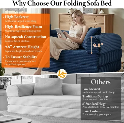Vista 3 de Sofá cama plegable convertible 4 en 1, sofá cama plegable con marco de forma fija, sofá plegable de pana nube para sala de estar y dormitorio