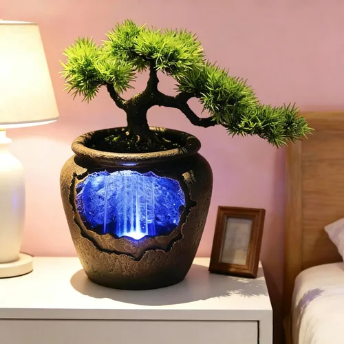 Vista 25 de Mini fuente artificial de mesa de roca con función de niebla de cascada de árbol bonsái