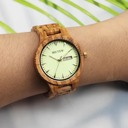 Vista 7 de MII YEW Reloj de madera para hombre, ligero, analógico, de cuarzo, hecho a mano, esfera verde con fecha