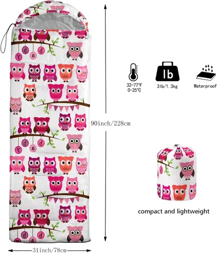 Vista 2 de AILONEN Saco de dormir de campamento de dibujos animados para niños y niñas, adultos, ligero e impermeable, 3 estaciones, clima cálido y frío