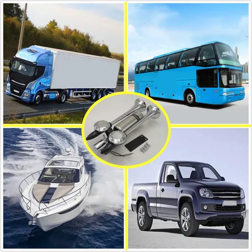 Vista 6 de Bocina de coche, bocina de barco, prolonga el sonido, bocina de aire, altavoz, bocina plateada de doble tubo, bocina de camión de metal súper fuerte