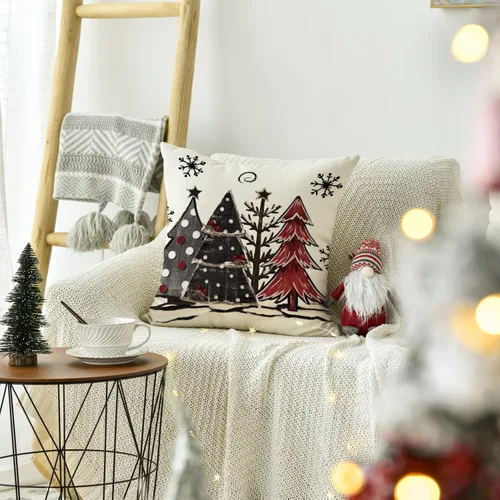 Vista 4 de AVOIN colorlife Funda de cojín decorativo de árboles de Navidad a cuadros búfalo rojos y negros acuarela, 16 x 16 pulgadas, funda de cojín