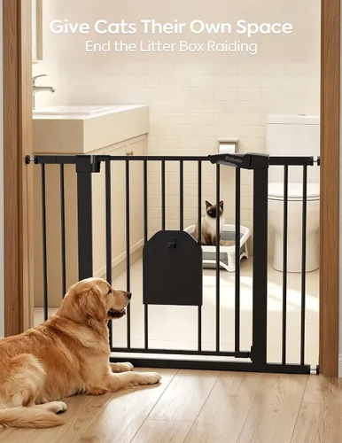 Vista 3 de Babelio - Puerta de seguridad con cierre automático para bebés con puerta para gatos, puerta de metal de 73-109 cm para puertas, escaleras, casa