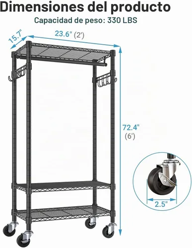 Vista 5 de VIPEK R3 - Perchero mediano con ruedas para colgar ropa, armario portátil Negro