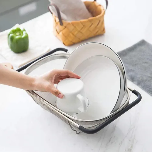 Vista 8 de Colador ovalado de acero inoxidable para colocar sobre el fregadero con asas de goma expandibles, colador de malla fina para cocina, colador de 6