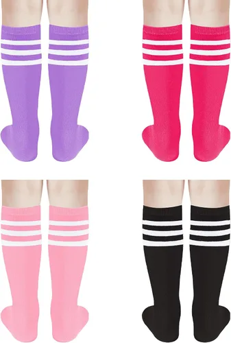 Vista 3 de UTTPLL 4 pares de calcetines de fútbol para niños y niñas, calcetines deportivos de béisbol, uniformes, rayas, hasta la rodilla, calcetines largos
