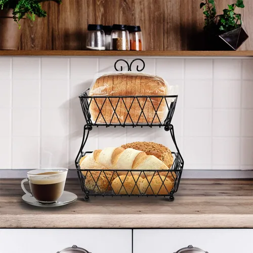 Vista 5 de Sorbus Soporte de exhibición de cesta de frutas, 2 niveles, para almacenamiento de verduras, frutas y pan para cocina, baño, rectangular de metal