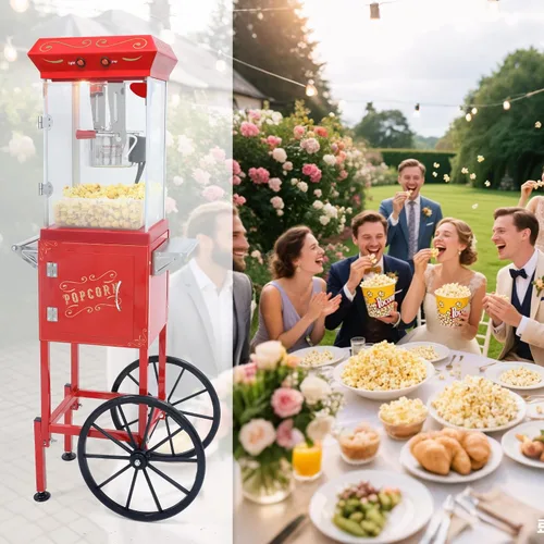 Vista 4 de Máquina para hacer palomitas de maíz, carrito profesional con hervidor de 6 onzas para hasta 25 tazas, máquina comercial vintage de acero Rojo