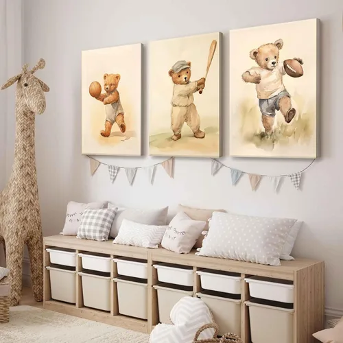 Vista 7 de 3 Piezas Arte de Pared en Lienzo de Animales Osito de Peluche Deportivo para Cuarto de Bebé Lindo Oso Bebé del Bosque Rugby Decoración de Pared