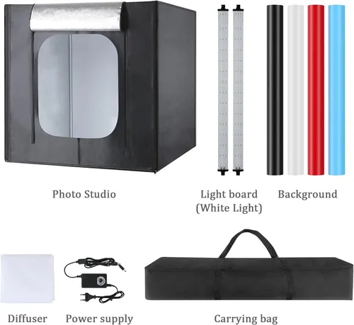 Vista 8 de Caja de estudio fotográfico, 32 x 32 x 32 pulgadas, caja de luz plegable portátil para fotografía, tienda de campaña con luces LED CRI95+ regulables