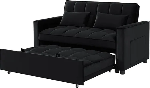 Vista 5 de Sofá cama biplaza de terciopelo convertible y moderno con cama desplegable, respaldo ajustable y 2 almohadas lumbares, para espacios pequeños