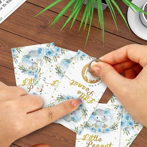Vista 3 de 50 Baby Shower Scratch Off Game, tarjeta de dibujo de rosa elefante azul, actividades de fiesta, decoraciones y suministros, es un niño