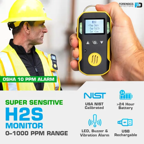 Vista 2 de Monitor H2S de Forensics Calibración y certificado NIST de EE. UU. A prueba de polvo y explosiones Recarga USB Alarmas de sonido, luz